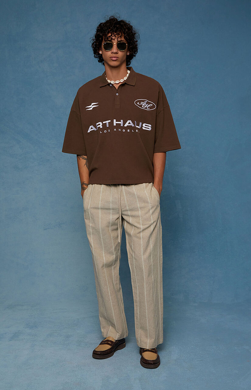 Cream Striped Straight Leg Linen Pants