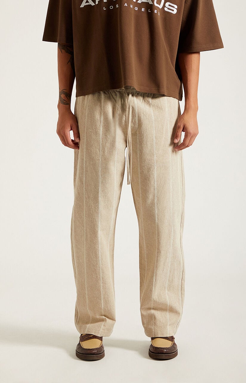 Cream Striped Straight Leg Linen Pants