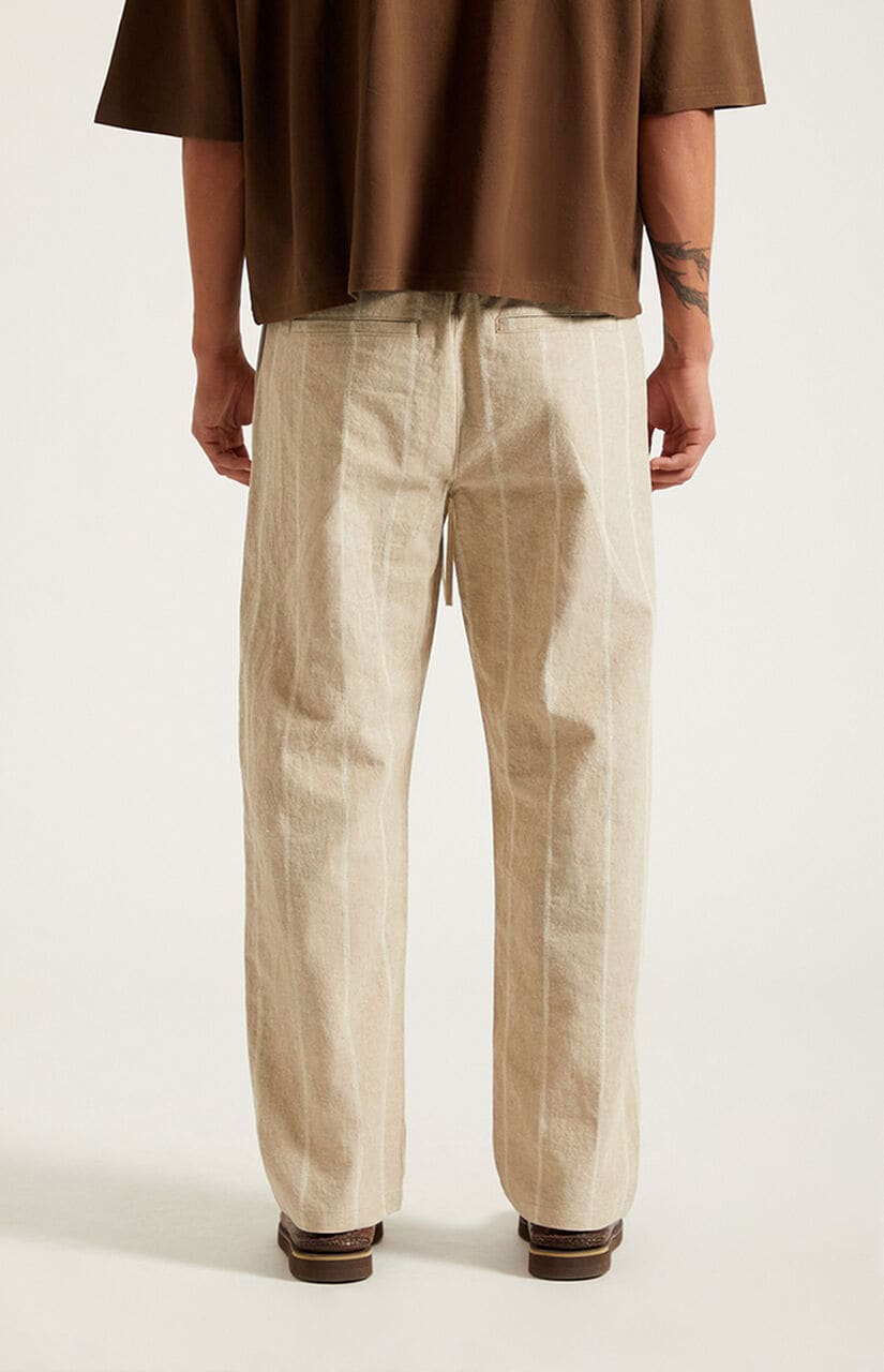 Cream Striped Straight Leg Linen Pants