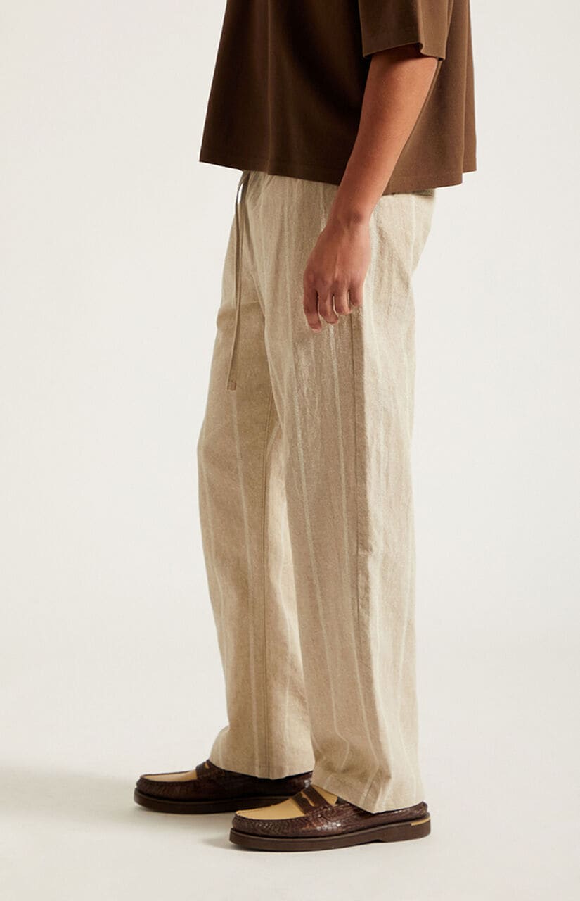 Cream Striped Straight Leg Linen Pants