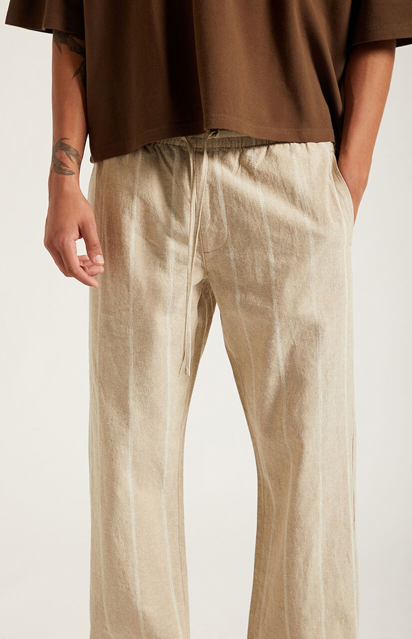 Cream Striped Straight Leg Linen Pants