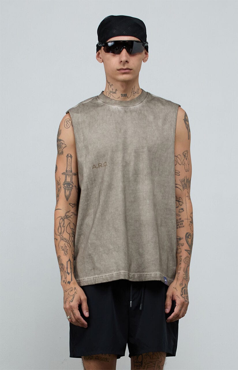 Khaki Vintage Wash Comfort Cut Off Muscle T-Shirt