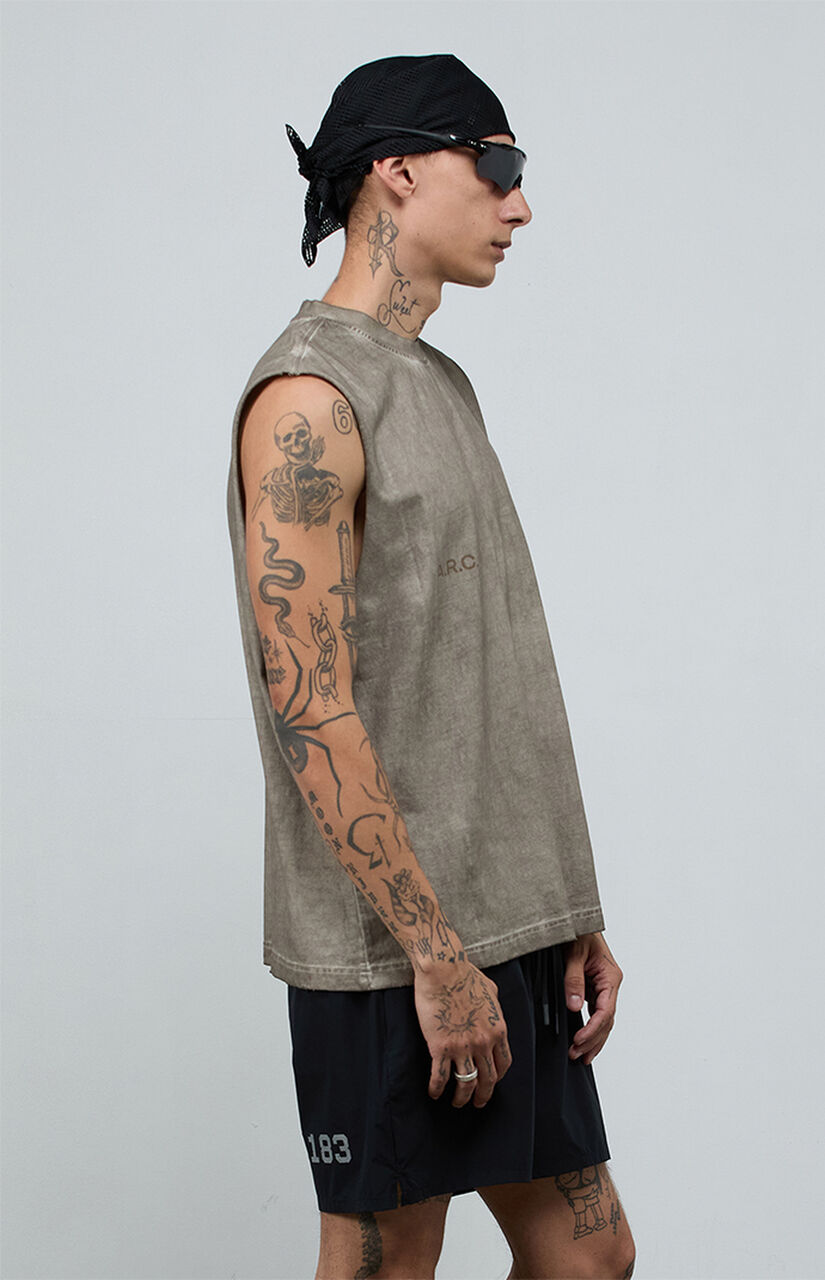Khaki Vintage Wash Comfort Cut Off Muscle T-Shirt