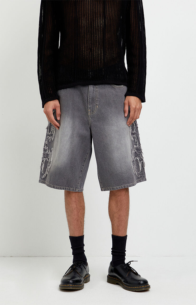 Austin Extreme Baggy Jean Shorts Cyber Applique Faded Gray