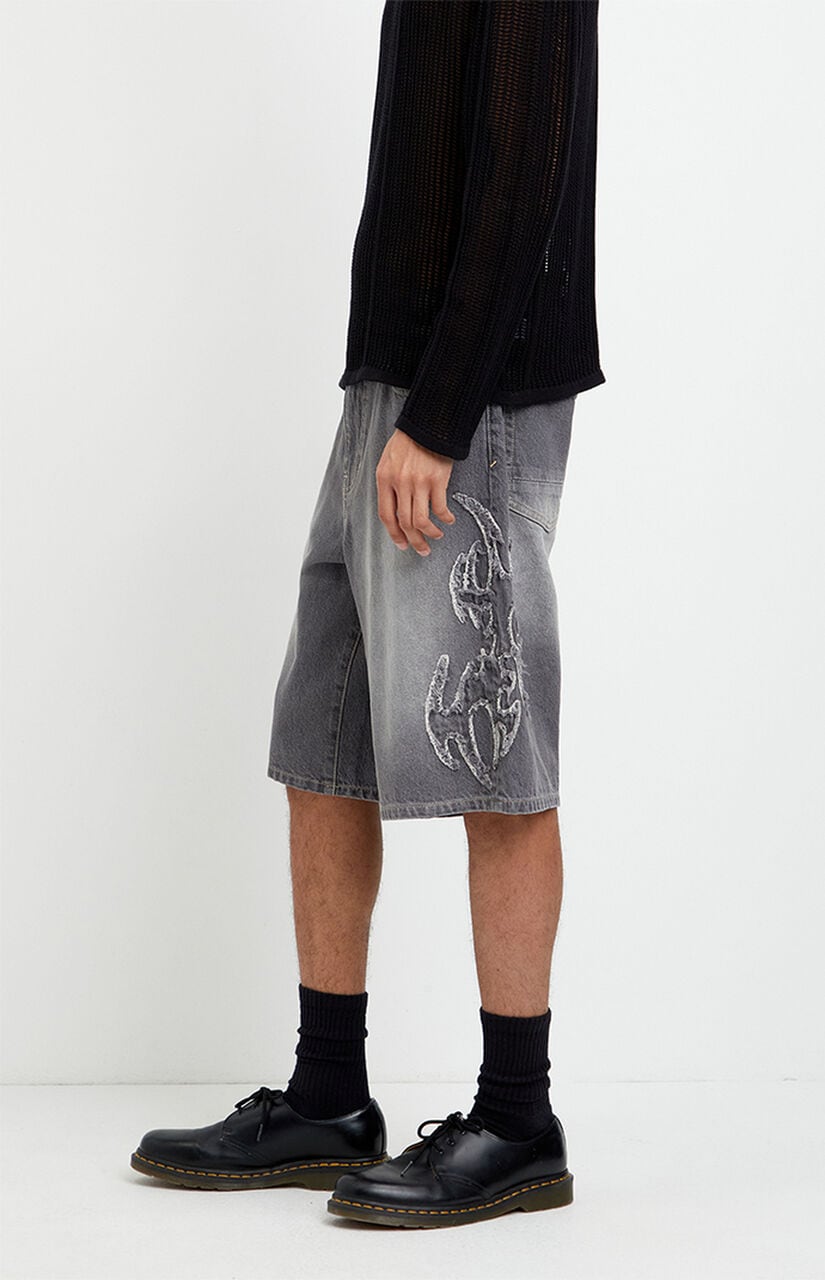 Austin Extreme Baggy Jean Shorts Cyber Applique Faded Gray