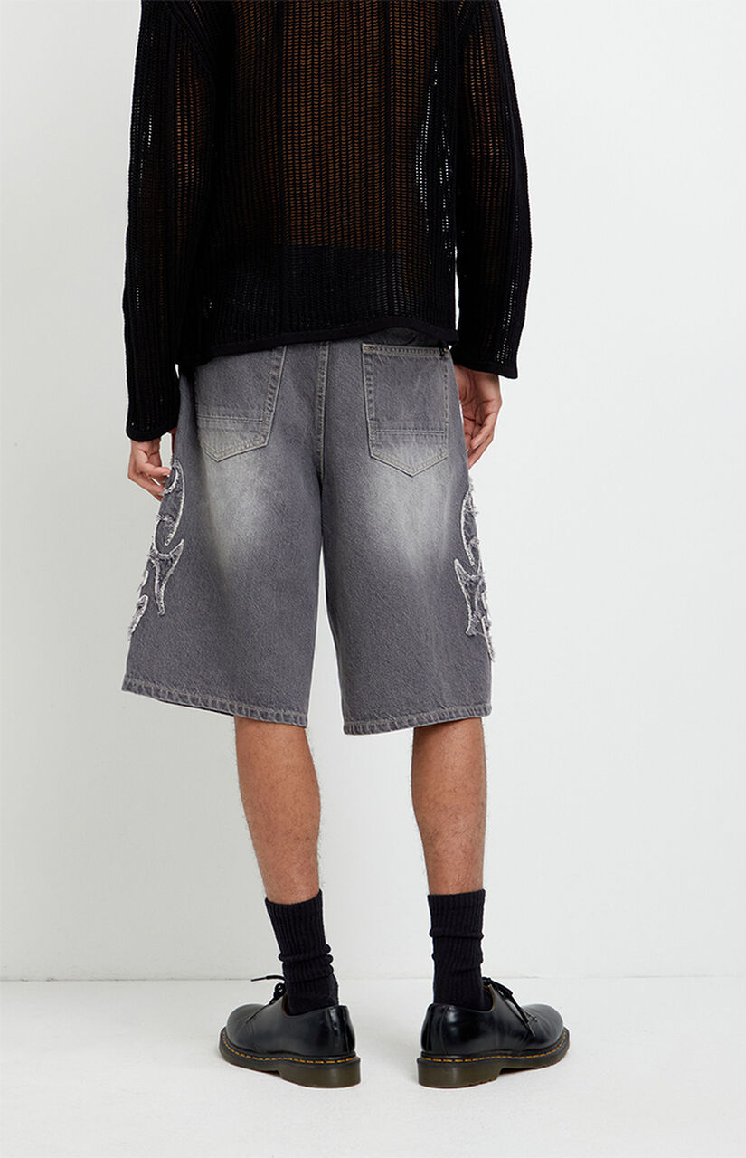 Austin Extreme Baggy Jean Shorts Cyber Applique Faded Gray