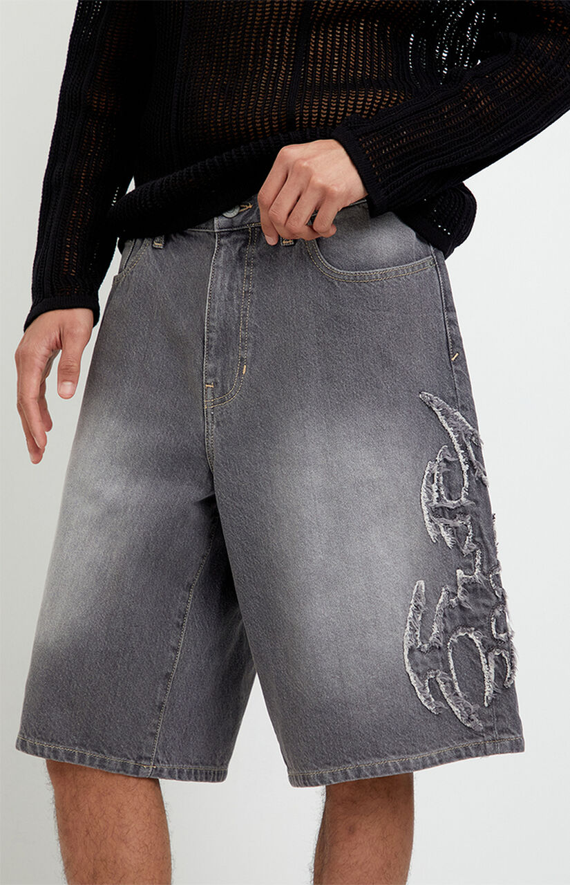 Austin Extreme Baggy Jean Shorts Cyber Applique Faded Gray