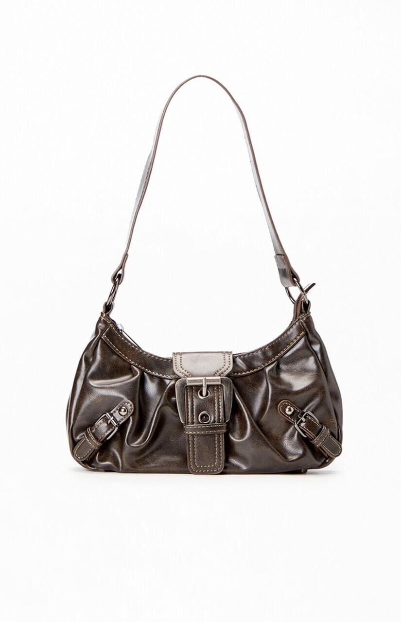 Brown Faux Leather Front Buckle Shoulder Bag