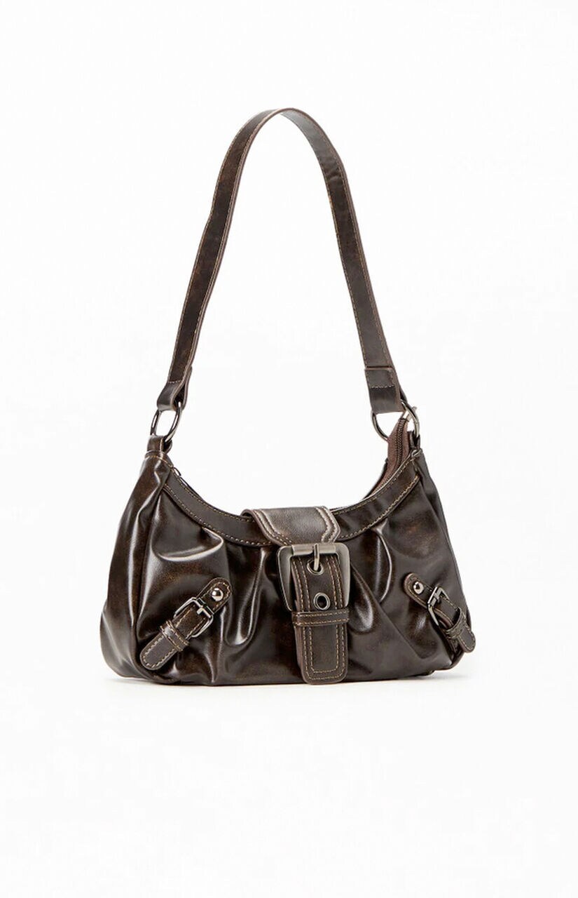Brown Faux Leather Front Buckle Shoulder Bag
