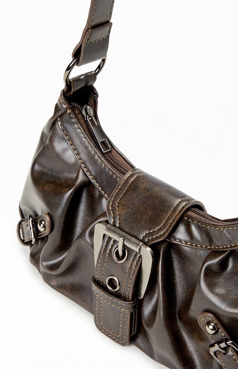 Brown Faux Leather Front Buckle Shoulder Bag