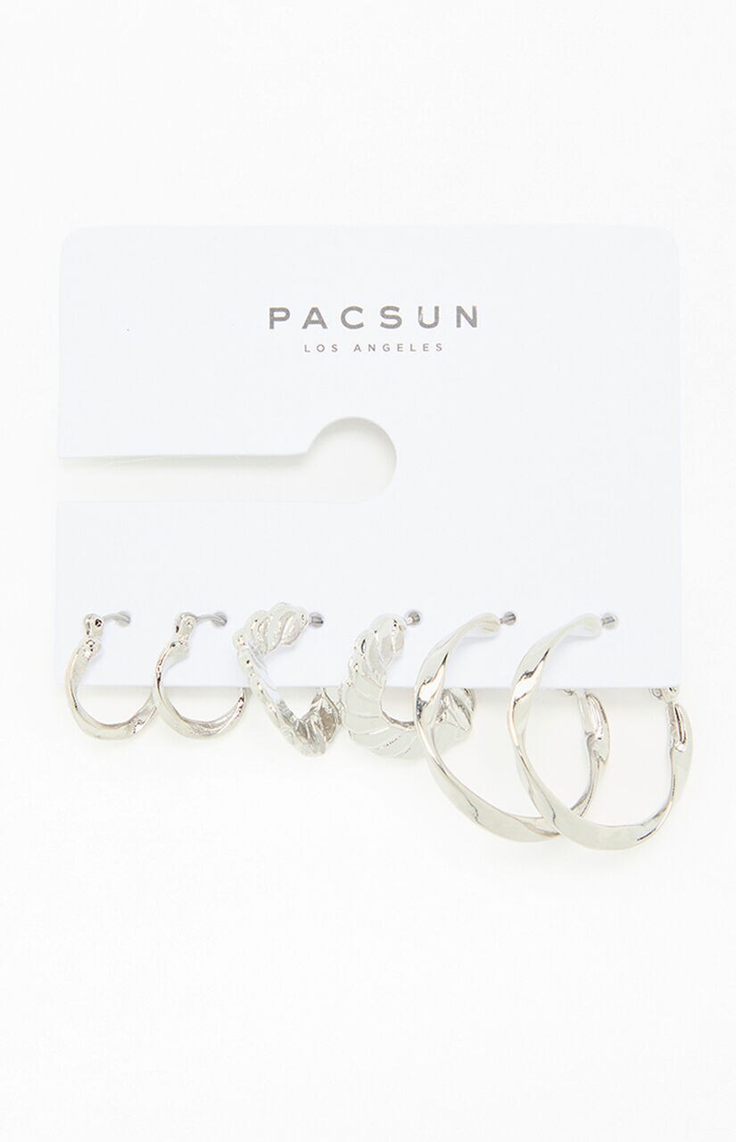 3 Pack Silver Textured Hoop Earrings