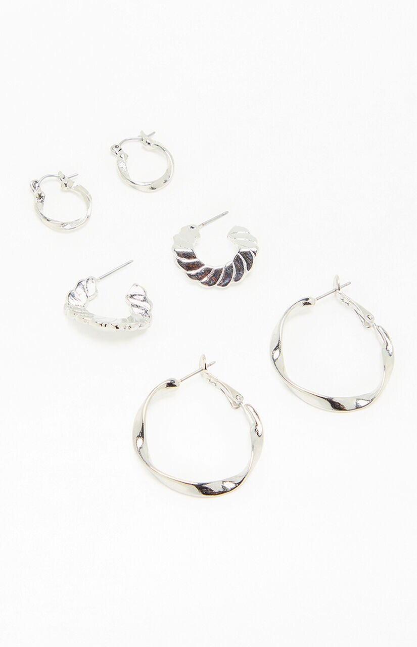 3 Pack Silver Textured Hoop Earrings