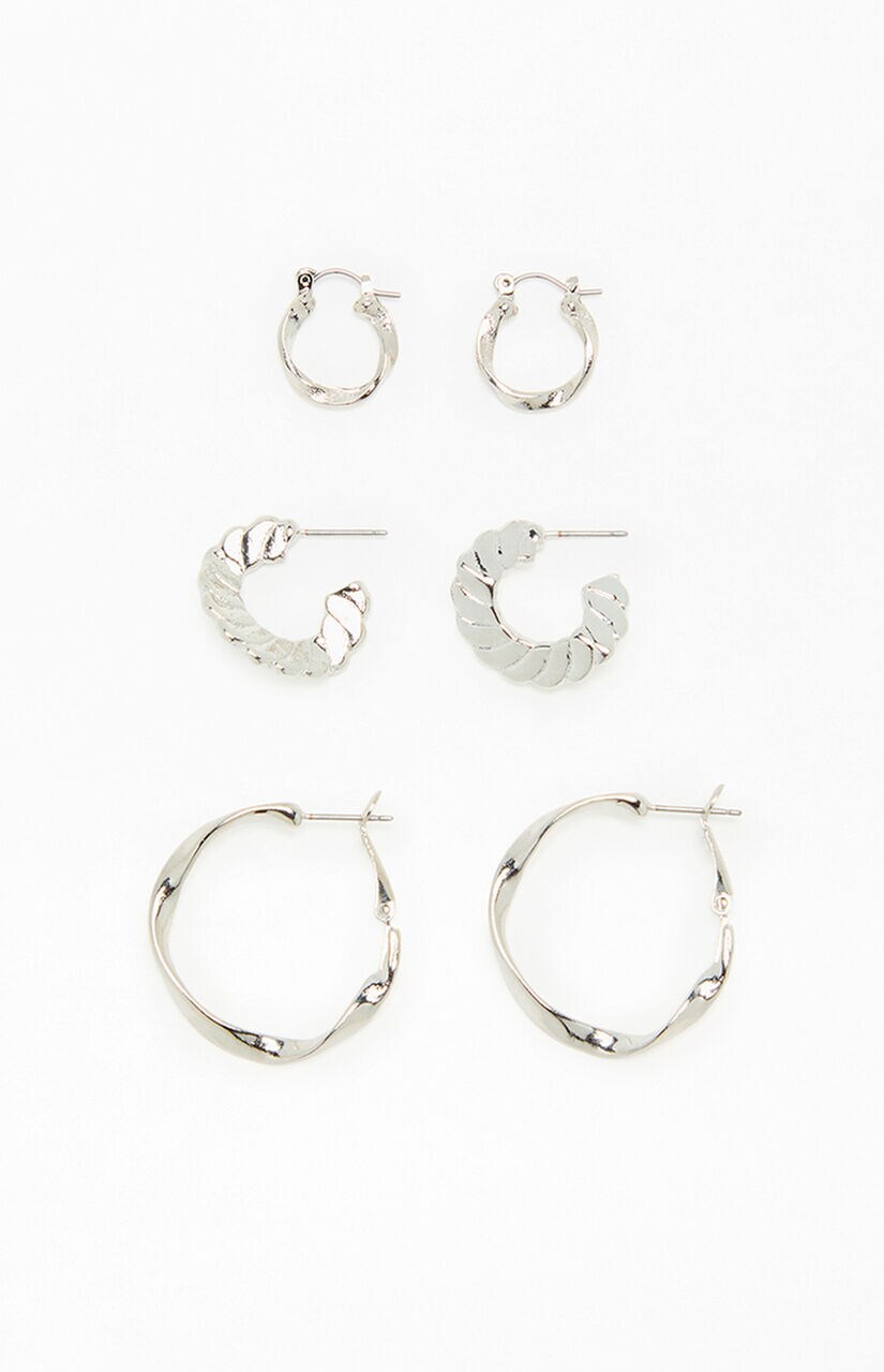 3 Pack Silver Textured Hoop Earrings