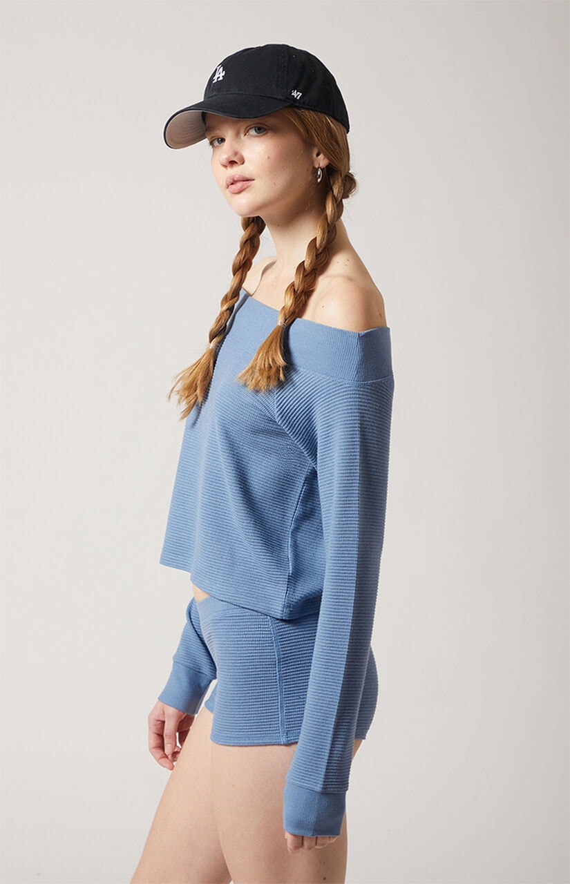 Active Aspen Waffle Knit Off-The-Shoulder Sweatshirt