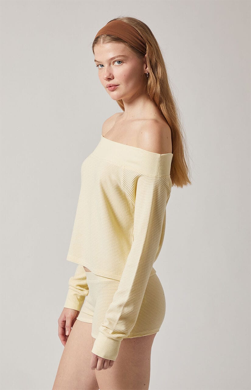 Active Aspen Waffle Knit Off-The-Shoulder Sweatshirt