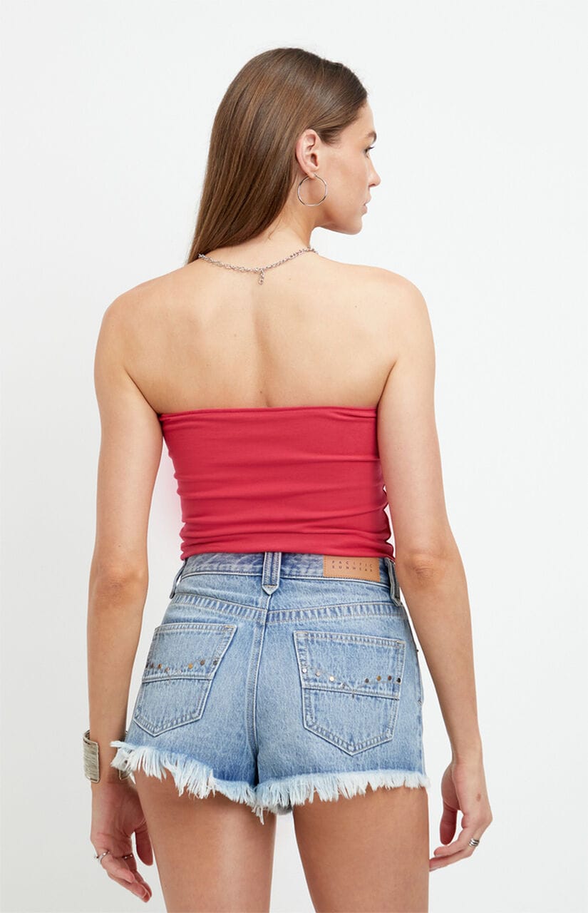 Ivy High Waisted Festival Jean Shorts Frayed Studded Medium Blue