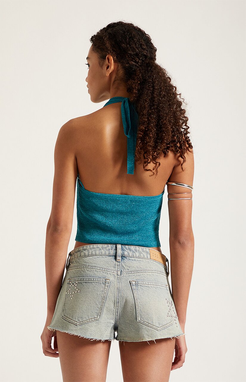 Jamie Low Rise Jean Micro Shorts Studded Star Light Blue