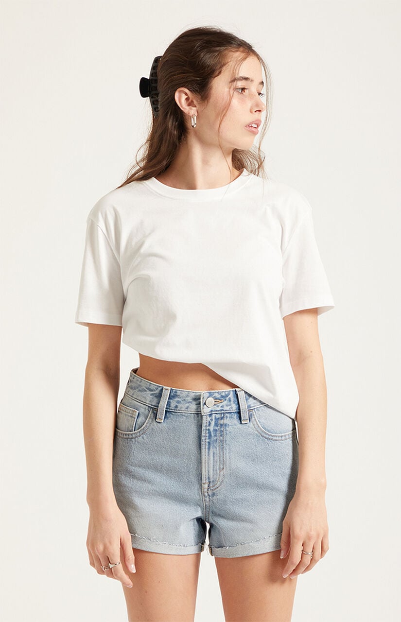 Ivy High Waisted Festival Jean Shorts Roll Cuff Light Blue