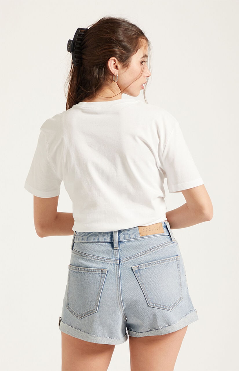 Ivy High Waisted Festival Jean Shorts Roll Cuff Light Blue