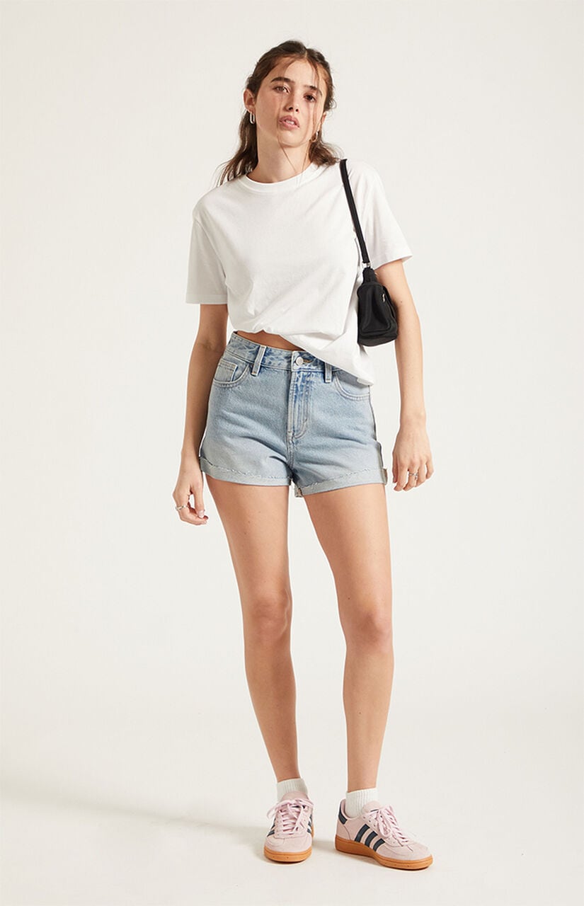 Ivy High Waisted Festival Jean Shorts Roll Cuff Light Blue