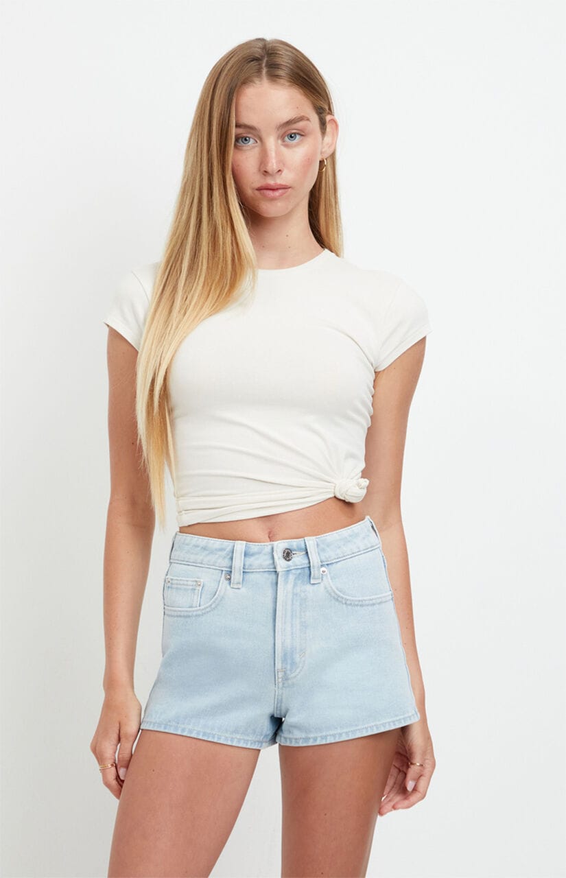 Ivy High Waisted Festival Jean Shorts Zip Fly Light Blue