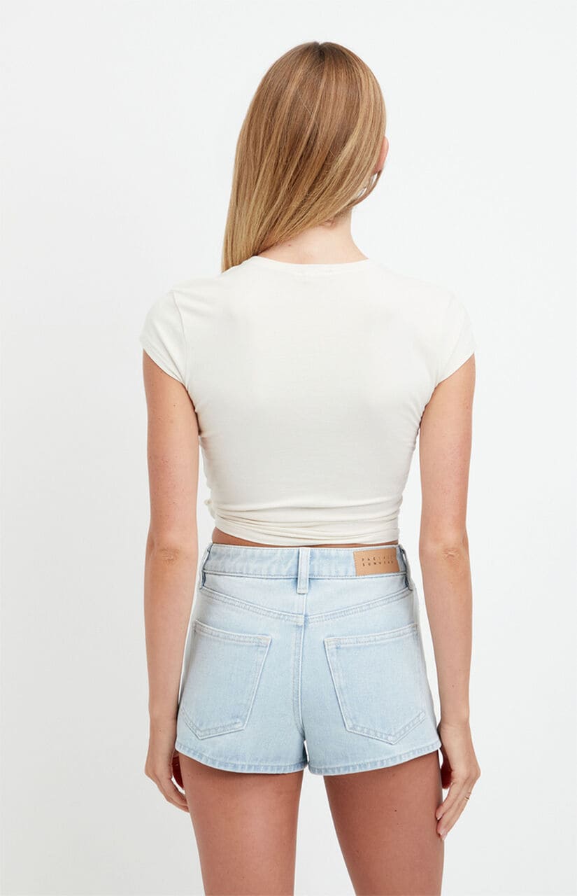 Ivy High Waisted Festival Jean Shorts Zip Fly Light Blue