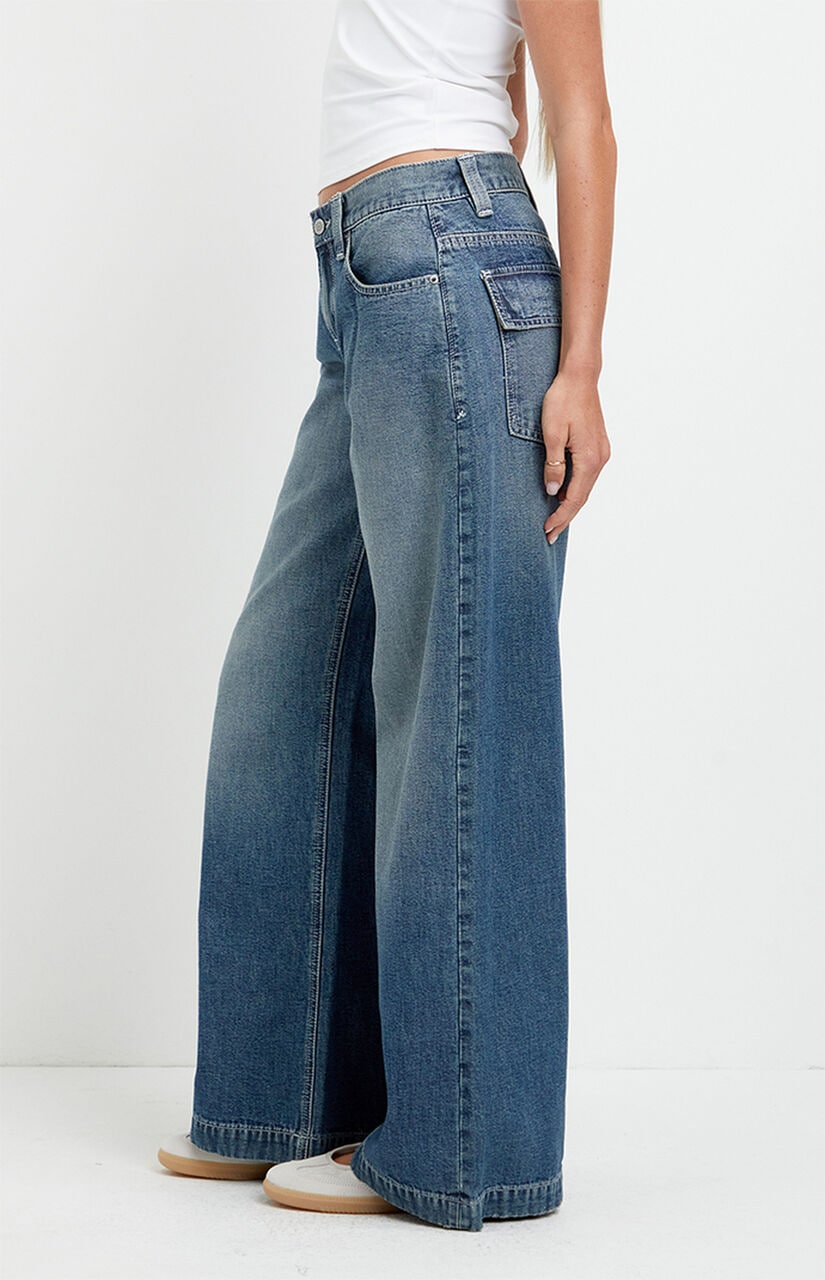Sloane Low Rise Ultra Baggy Jeans Snap-Button Pocket Medium Blue
