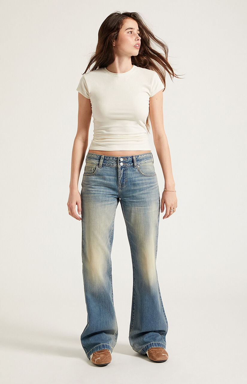 Jade Low Rise Bootcut Jeans Button Pocket Light Blue