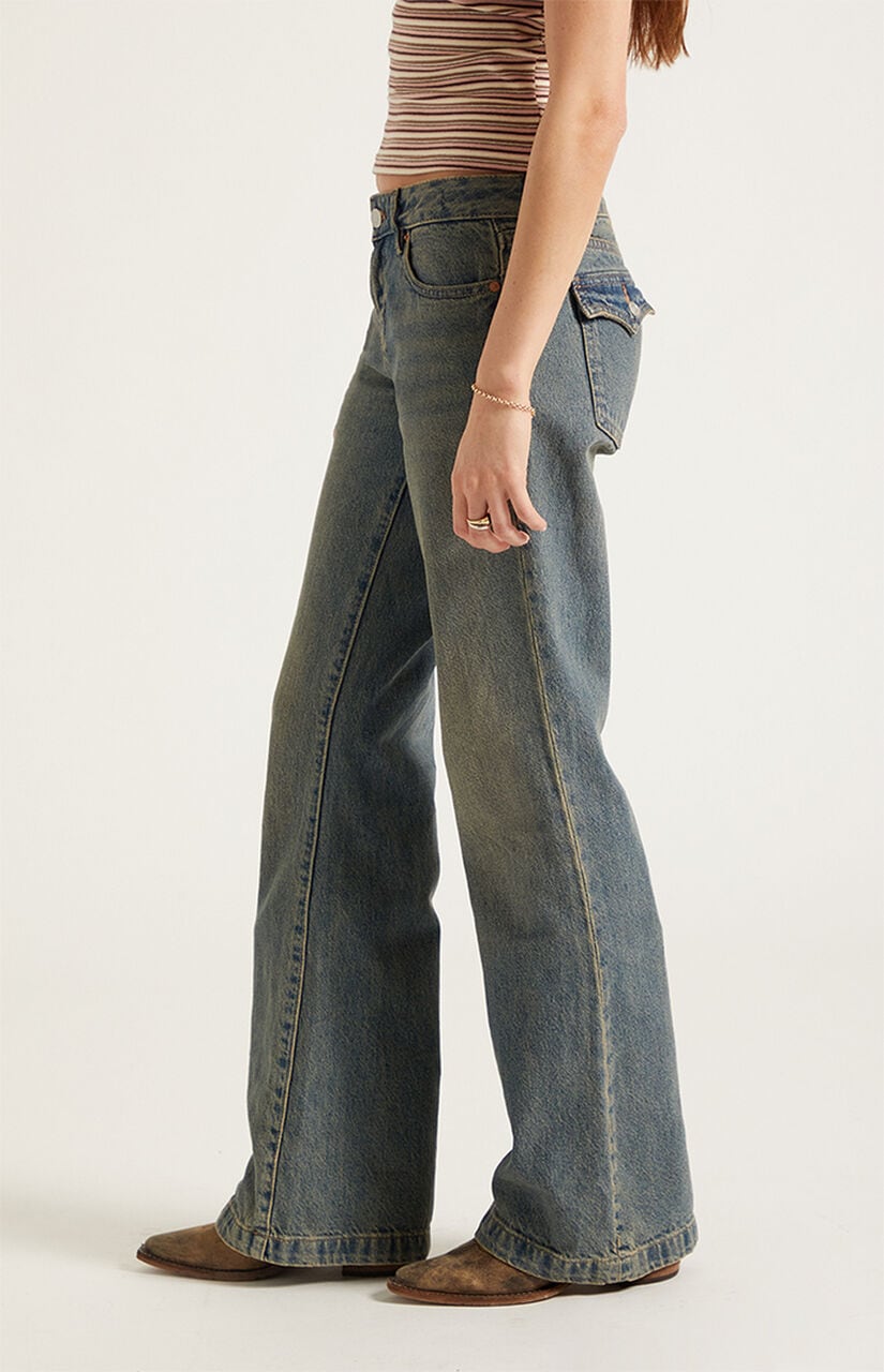 Jade Low Rise Bootcut Jeans Button Pocket Dark Blue
