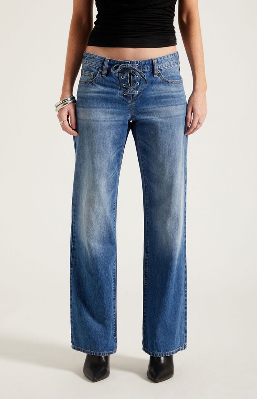 Zoe Low Rise Girlfriend Jeans Lace-Up Medium Blue