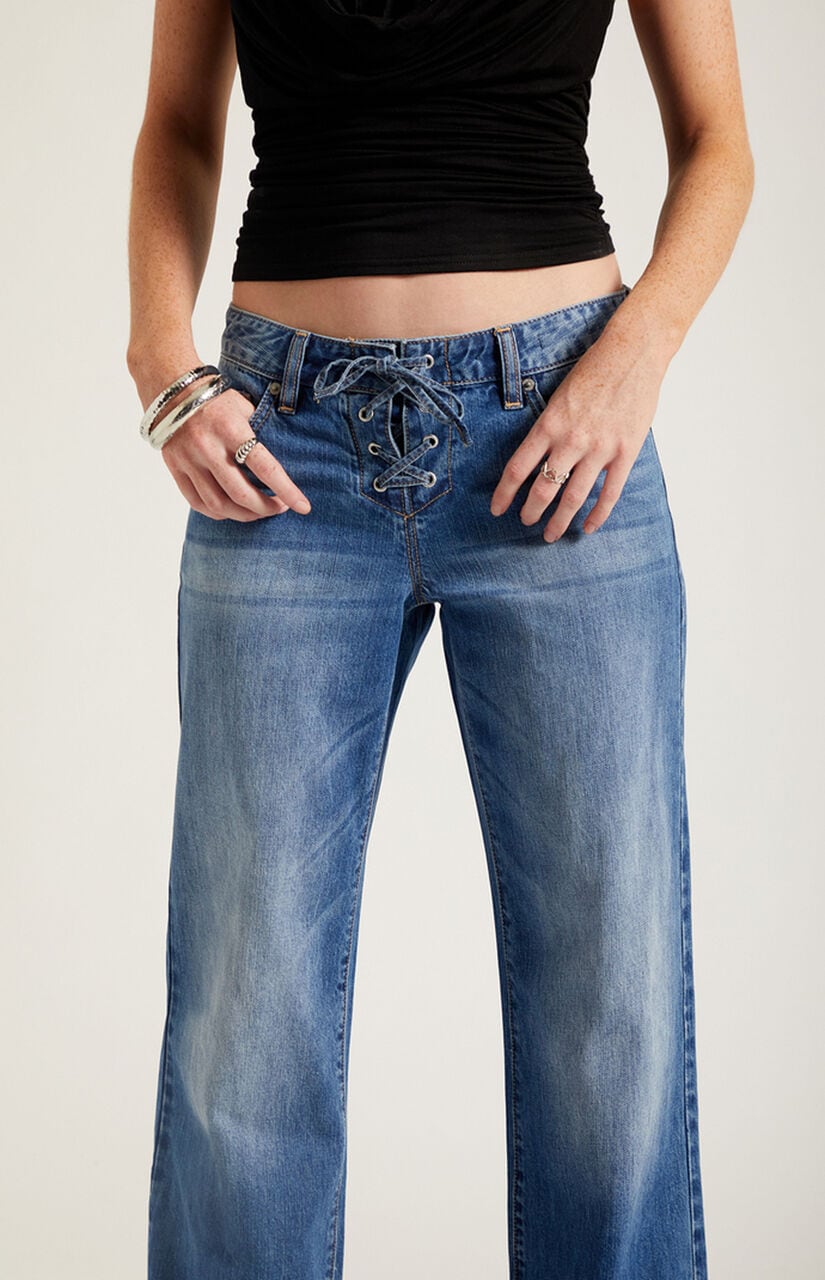 Zoe Low Rise Girlfriend Jeans Lace-Up Medium Blue